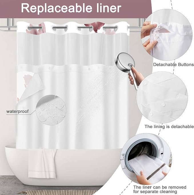 No Hook Shower Curtain and Liner Set, Red Boho Floral 71x84 | Watercolor Boho Flower, with Snap in Liner, Waterproof, Machine Washable, Quick-Drying, for Hotel Bathroom