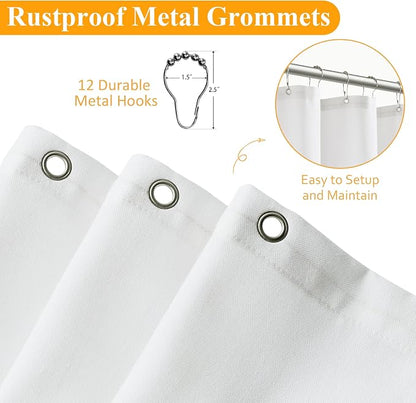 42 Inch White Shower Curtain, Linen Textured Fabric Shower Curtain Set with Hooks, Simple Elegant Modern Farmhouse Country Ultra Thick Bath Curtains for Bathroom, Water Repellent, 42x72