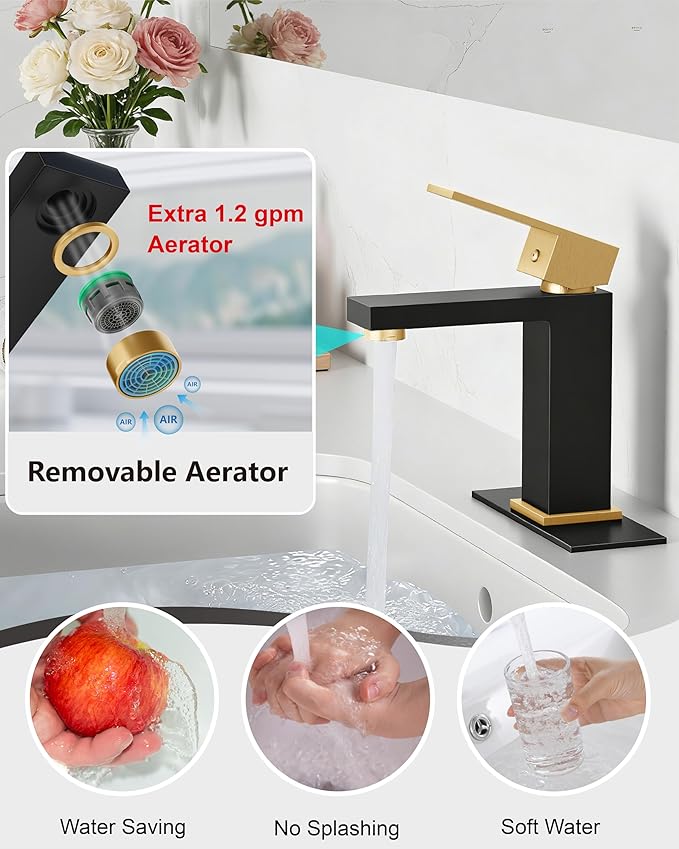 Midanya Bathroom Faucets 1 Hole, Single Handle Stainless Steel Bathroom Sink Faucet, Modern Vanity Faucets with Deck Plate,Water Supply Hoses and Pop Up Drain,Matte Black and Brushed Gold Handle