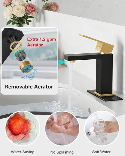 Midanya Bathroom Faucets 1 Hole, Single Handle Stainless Steel Bathroom Sink Faucet, Modern Vanity Faucets with Deck Plate,Water Supply Hoses and Pop Up Drain,Matte Black and Brushed Gold Handle