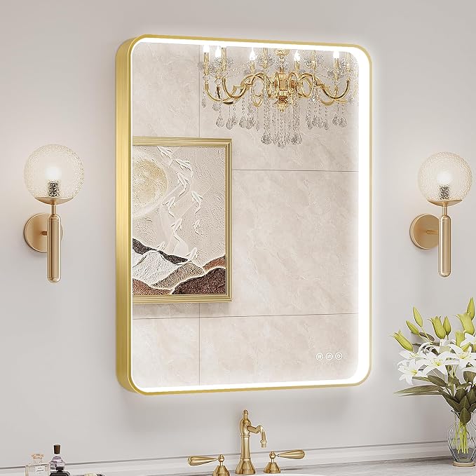 LED Mirror for Bathroom 24X32 Inch Gold Framed with Anti-Fog, Stepless Dimmable, Front Lit, LED Bathroom Vanity Mirror for Wall, Memory Function, Shatter-Proof