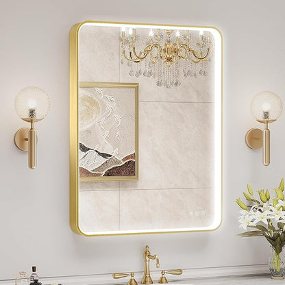 LED Mirror for Bathroom 24X32 Inch Gold Framed with Anti-Fog, Stepless Dimmable, Front Lit, LED Bathroom Vanity Mirror for Wall, Memory Function, Shatter-Proof