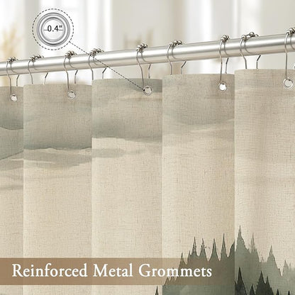Litabel Dark Green Long Linen Misty Pine Forest Shower Curtain 72 x 78, Mountain Foggy Woodland Cotton 78 Inch Long Shower Curtains for Bathroom, Abstract Waterproof Nature-Themed Decor