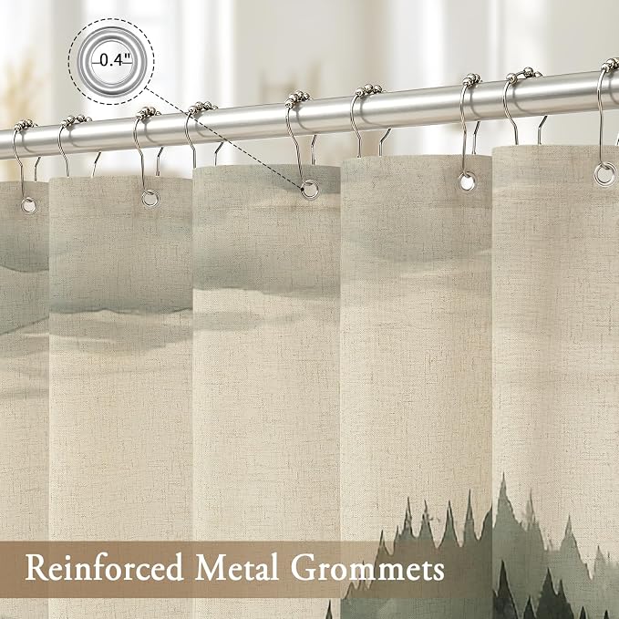 Litabel Dark Green Small Stall Linen Misty Pine Forest Shower Curtain 36 x 72, Mountain Foggy Woodland Cotton Narrow Half Size Shower Curtains for Bathroom, Abstract Waterproof Nature-Themed Decor