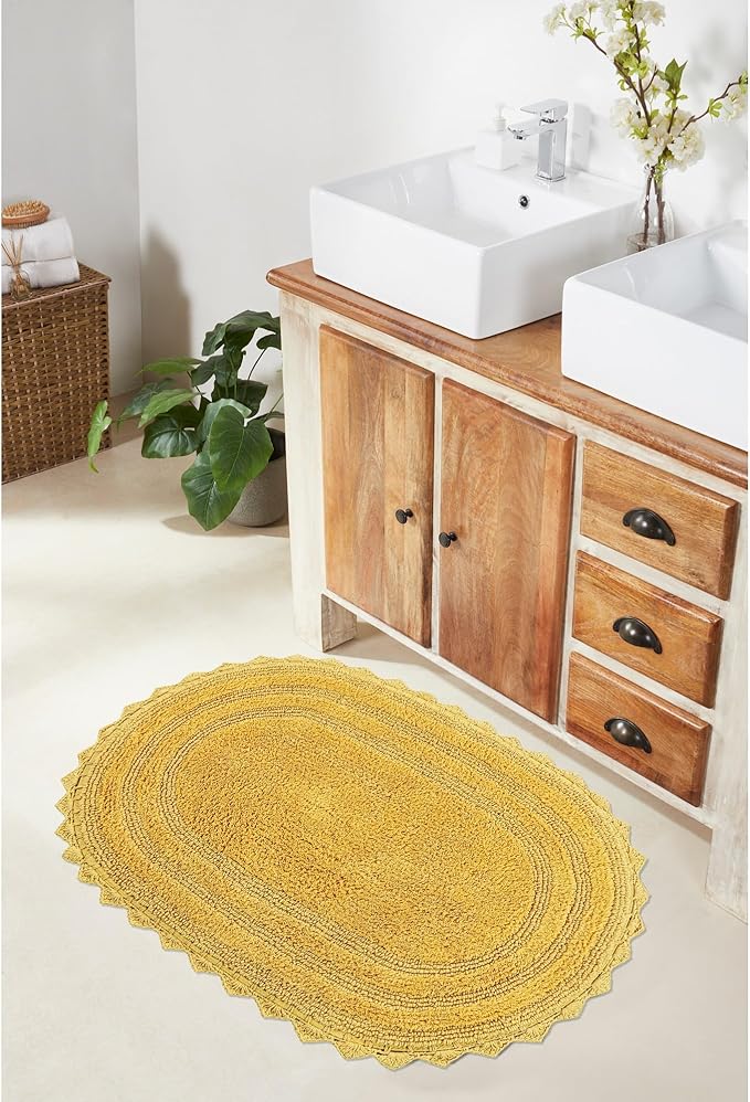 Better Trends Lilly Crochet 20x32 Oval Bath Rugs & Reversible Bath Rugs, Bath mats for Bathroom, Luxurious 100% Cotton Bath Rug & Water Absorbent Bathroom Mat- Yellow Bath Matt
