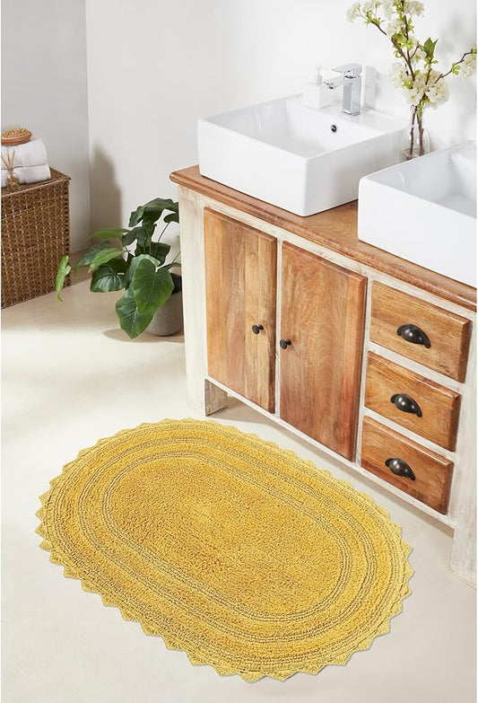 Better Trends Lilly Crochet 20x32 Oval Bath Rugs & Reversible Bath Rugs, Bath mats for Bathroom, Luxurious 100% Cotton Bath Rug & Water Absorbent Bathroom Mat- Yellow Bath Matt