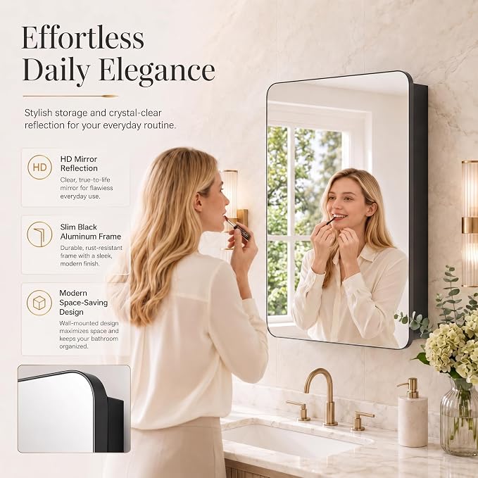 16x24 Black Medicine Cabinet with Mirror, Recessed & Surface Mount | Bathroom mirror with storage: 6 adjustable shelves fit tall bottles; DTC soft-close hinges; rust-resistant aluminum