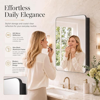 16x24 Black Medicine Cabinet with Mirror, Recessed & Surface Mount | Bathroom mirror with storage: 6 adjustable shelves fit tall bottles; DTC soft-close hinges; rust-resistant aluminum