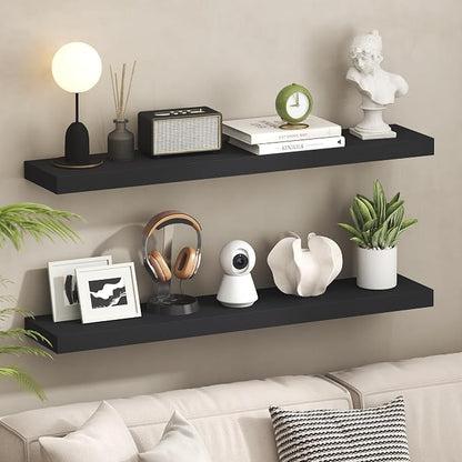Furinno Tanna Floating Shelves for Wall Set of 2, 9 x 47 Wall Shelf, Wall Mounted Floating Shelf with Invisible Bracket, 2-Inch Thick, for Bathroom, Living Room, Bedroom, Home Office, Americano