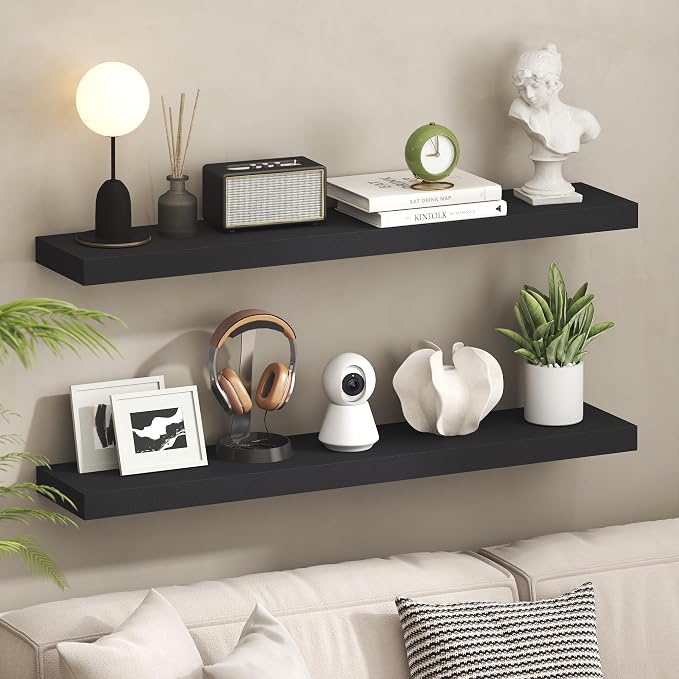 Furinno Tanna Floating Shelves for Wall, 9 x 47 Wall Shelf, Single Set Wall Mounted Floating Shelf with Invisible Bracket, 2-Inch Thick, for Bathroom, Living Room, Bedroom, Home Office, Americano