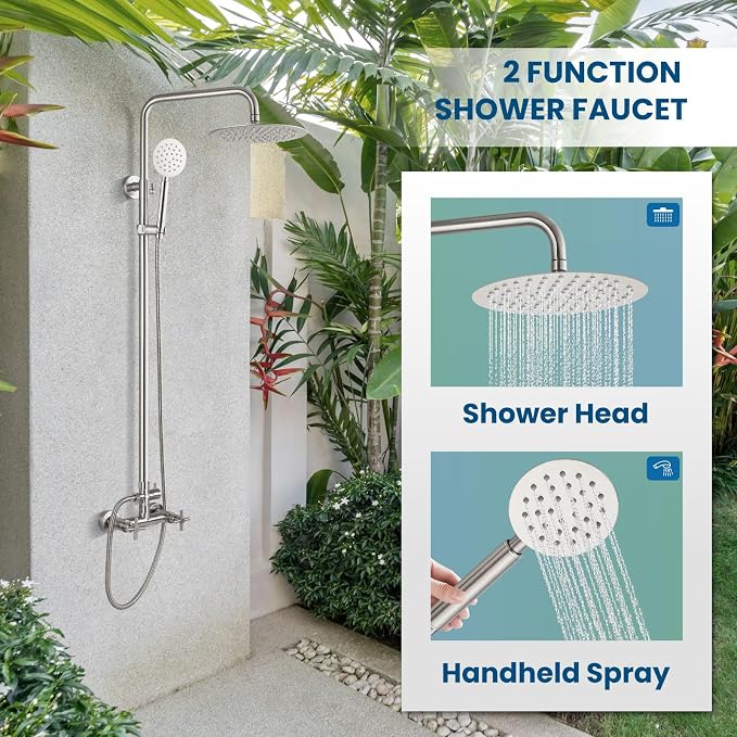 gotonovo Outdoor Shower 304 Stainless Steel, Brushed Nickel, Cross Handle | Rain 8 Inch Outdoor Shower Head with Handheld Kit Fixtures System Faucet Set with Valve Wall Mount for Seaside Backyard Pool