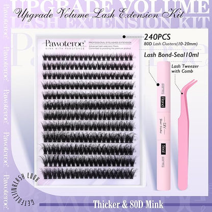 Lash Extension Kit Lash Clusters 80D Full DIY Cluster Eyelash Extension Kit 10-20mm Individual Lashes Mink with Lash Bond and Seal, Lash Tweezers for Self Application (Mink 80D,10-20mm, Kit)