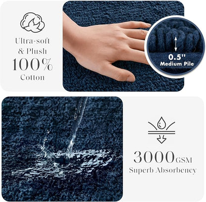 Madison Park Splendor Reversible 100% Cotton Bath Runner, 24 x 60, Navy | Tufted Bathroom Rug, 3000 GSM, Hotel Quality, Luxurious Plush, Medium Pile, Absorbent, Quick Dry, OEKO-TEX, Shower Room Décor
