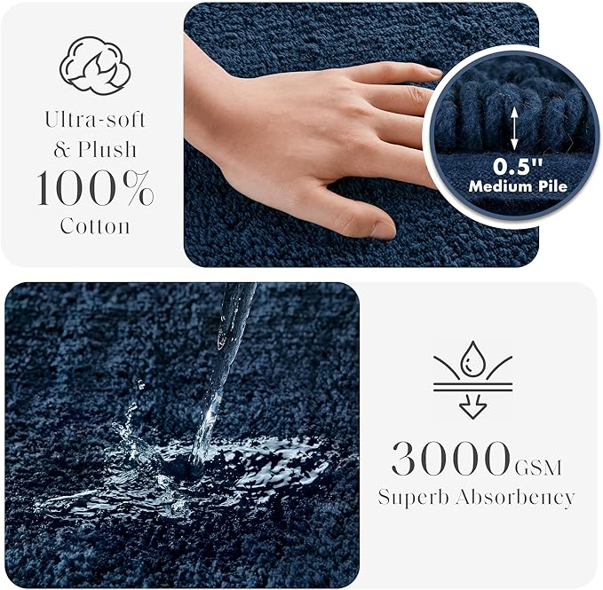 Madison Park Splendor Reversible 100% Cotton Bath Rug, 24 x 36, Navy | Tufted Bathroom Mat, 3000 GSM, Hotel Quality, Luxurious Plush, Medium Pile, Absorbent, Quick Dry, OEKO-TEX, Shower Room Décor