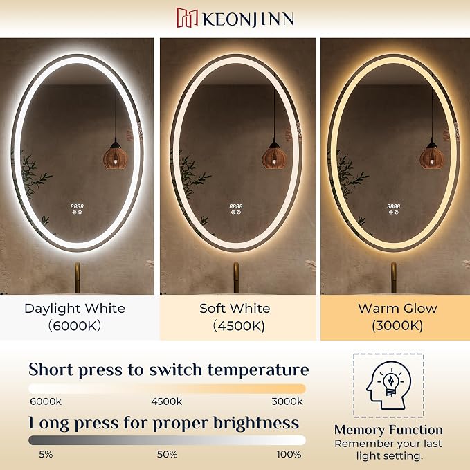 Keonjinn 40 x 30 Inch Oval LED Bathroom Mirror with Frontlit and Backlit | Tempered Glass, 3000K/4500K/6000K, Safe & Fast Defogging, Memory Function, Stepless Dimmable, Easy Install, Plug in/Hardwired