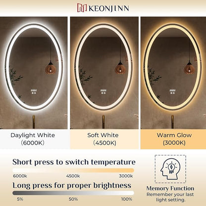 Keonjinn 22 x 30 Inch Oval LED Bathroom Mirror with Frontlit and Backlit | Tempered Glass, 3 Colors Lights, Safe & Fast Defogging, Memory Function, Stepless Dimmable, Easy Install, Plug in/Hardwired