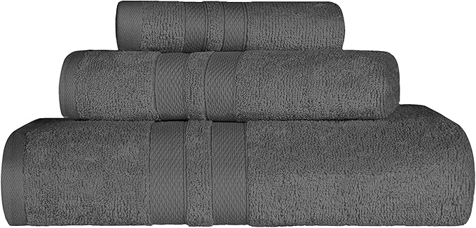SUPERIOR Ultra-Soft 3-Piece Cotton Towel Set, Daily Use for Bathroom, Guest Room, Quick Dry, Set Includes 1 Bath Towel, 1 Hand Towel, and 1 Washcloth, Essential Plush Towels for Home - Charcoal