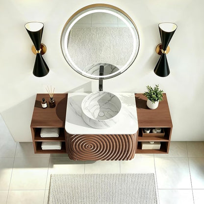 48" Floating Bathroom Vanity with Sink, Mid-Century Wall Mounted Bathroom Vanity Cabinet with Wood Waved Decor,Marble Ceramic Basin and Sintered Stone Top, Soft Close Drawer, 2 Side Open Cube