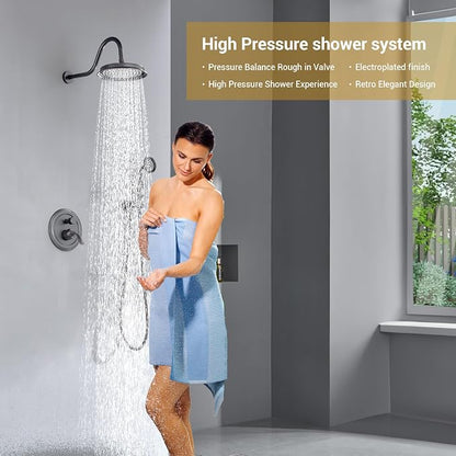 DASAN Rain Shower System Complete Antique Shower Faucet Sets, Bronze Shower Fixtures Combo with Pressure Balance Valve, 9’’ Rainfall Overhead Shower & Handheld, Color Oil Rubbed Bronze AT209W-ORB