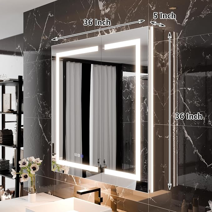 36"x36" Smart LED Medicine Cabinet with Mirror - Double Door Bathroom Storage, Anti-Fog, 3-Color Stepless Dimming, 5X Magnifier, Night Light, Soft-Close Hinges