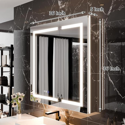36"x36" Smart LED Medicine Cabinet with Mirror - Double Door Bathroom Storage, Anti-Fog, 3-Color Stepless Dimming, 5X Magnifier, Night Light, Soft-Close Hinges