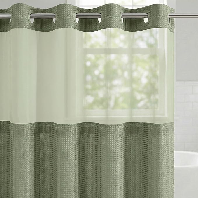 Americanflat 72x75 Hookless Waffle Pattern Shower Curtain - Water-Resistant Long Shower Curtain with Sheer Panel, Snap-in Liner, and Durable Grommets - 100% Polyester - Green