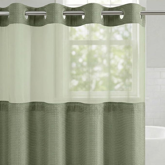 Americanflat 72x75 Hookless Waffle Pattern Shower Curtain - Water-Resistant Long Shower Curtain with Sheer Panel, Snap-in Liner, and Durable Grommets - 100% Polyester - Green