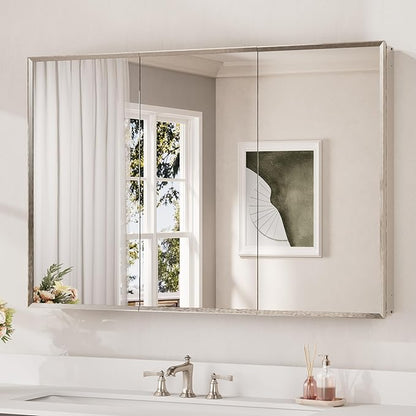 Keonjinn Large Medicine Cabinet Mirror 48" x 32", Assembly Required, Brushed Nickel Bathroom Cabinet with Mirror, Beveled Framed, Stepless Adjustable Shelves, Surface Wall-Mounted or Recessed