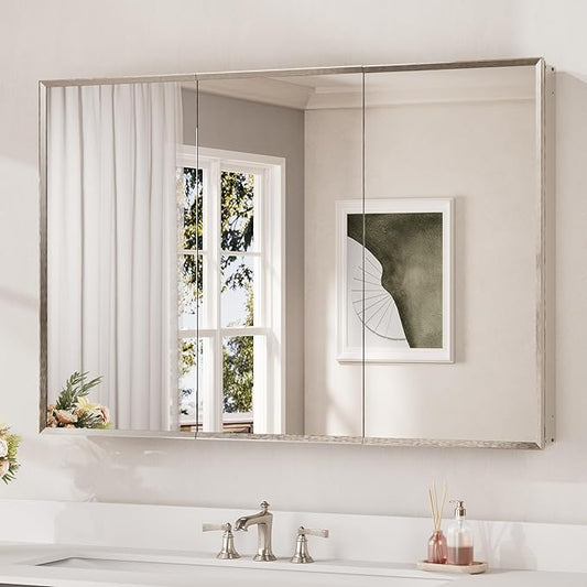 Keonjinn Large Medicine Cabinet Mirror 48" x 32", Assembly Required, Brushed Nickel Bathroom Cabinet with Mirror, Beveled Framed, Stepless Adjustable Shelves, Surface Wall-Mounted or Recessed