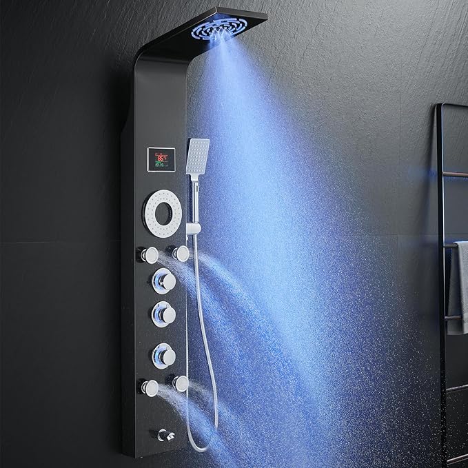 ROVOGO Shower Panel Tower System with Rainfall Mist Shower Head, Body Jets, Handheld and Tub Spout, Led Lights and Temp Display No Battery Needed, Unibody Shower Column 304 Stainless Steel Black