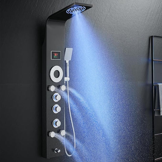 ROVOGO Shower Panel Tower System with Rainfall Mist Shower Head, Body Jets, Handheld and Tub Spout, Led Lights and Temp Display No Battery Needed, Unibody Shower Column 304 Stainless Steel Black