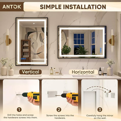 Antok 55X40 LED Bathroom Mirror with Lights, Vanity Mirror for Wall with Black Frame, Touch Control, Anti-Fog, Dimmable Lights, Shatter-Proof, Memory Function, Wall-Mounted Vanity Mirrors