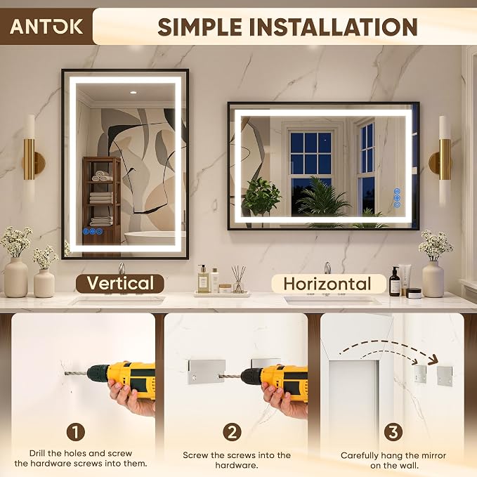 Antok 60X36 LED Bathroom Mirror with Lights, Vanity Mirror for Wall with Black Frame, Touch Control, Anti-Fog, Dimmable Lights, Shatter-Proof, Memory Function, Wall-Mounted Vanity Mirrors
