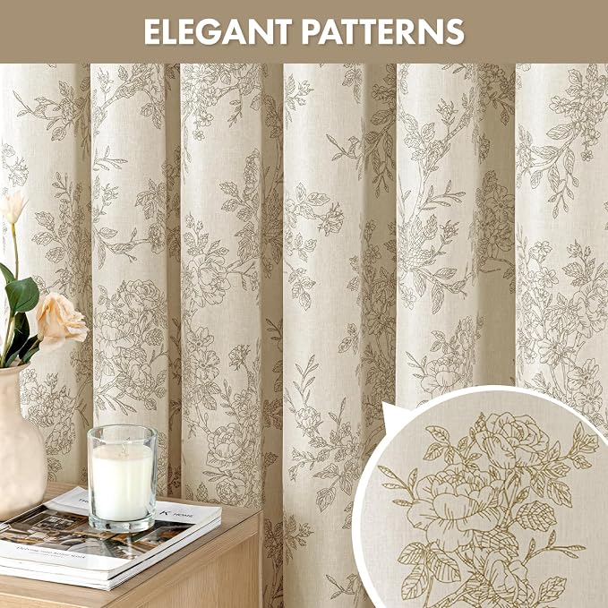 Extra Long Beige Floral Shower Curtain W72*L84 Inches Long | Linen Textured Fabric, 12 Rustproof Metal Hooks, Wrinkle Resistant Cloth, Machine Washable, Bathroom Decor for Cottage Core