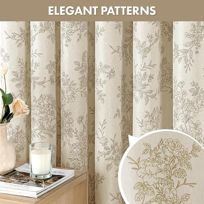 Extra Long Beige Floral Shower Curtain W72*L84 Inches Long | Linen Textured Fabric, 12 Rustproof Metal Hooks, Wrinkle Resistant Cloth, Machine Washable, Bathroom Decor for Cottage Core