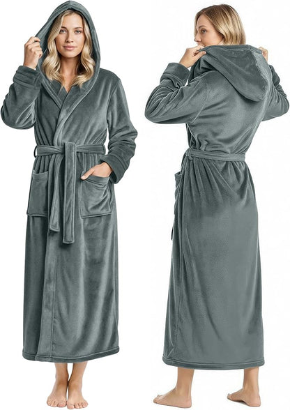 NY Threads Women's Fleece Hooded Bathrobe Plush Long Spa Robe, Medium