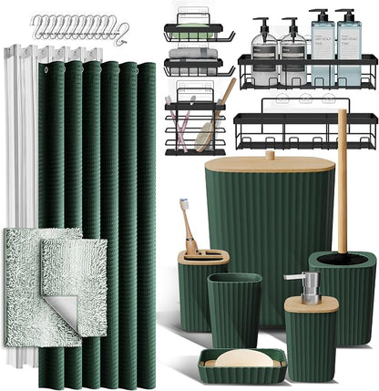 Clara Clark Bathroom Accessories Set - 27PC Bathroom Set with Adhesive Corner Shower Caddy Hanging, Bathroom Sets with Shower Curtain and Rugs, Ombre Green Shower Curtain Set with Bathroom Trash Can | 27 Piece Ombre Green Bathroom Sets with Shower Curt...