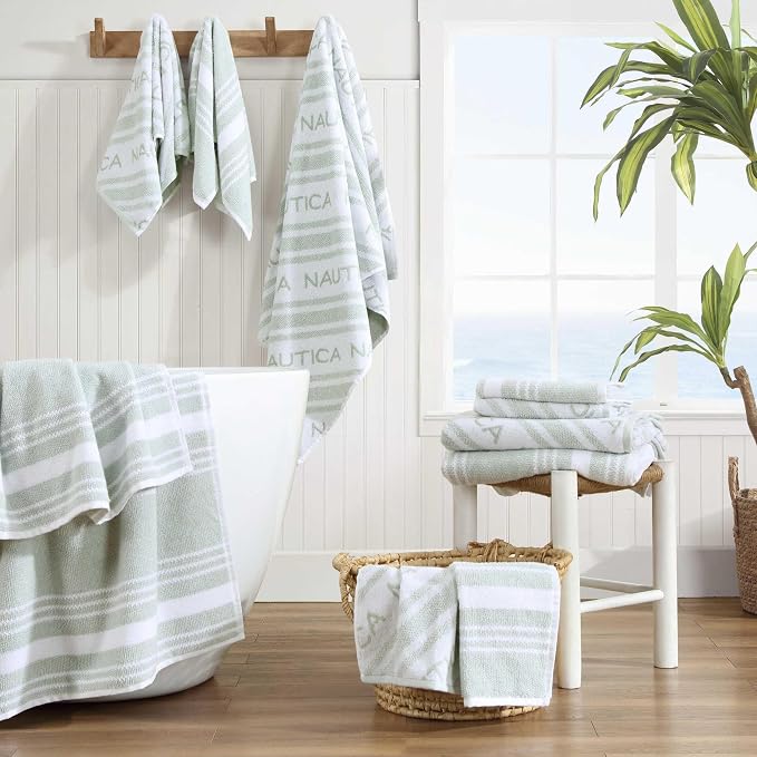 Nautica - Bath Towels, 100% Soft & Absorbent Plush Cotton Towels with Yarn Dye Loops, Medium Weight Bathroom Towels (Minera Greene, 6 Piece)
