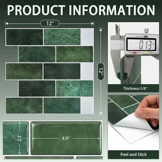 Arttown Peel and Stick 3D Wall Backsplash, 20-Sheet, 12" × 12" Green | Subway Tiles Self Adhesive Thicker Design Wall Tile Panel Wallpaper for Kitchen Bathroom Balcony Rental Housing