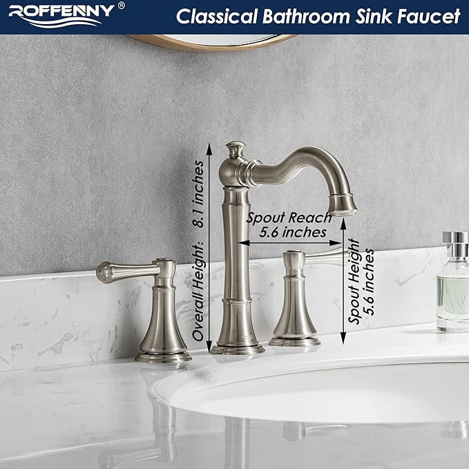 2-Handle Brushed Nickel Bathroom Faucet 8 inch Widespread for 3 Holes with Plastic Pop-Up Drain, Classic Bathroom/Lavatory/Vanity Sink Faucets, High Arc 360° Swivel Brass Spout