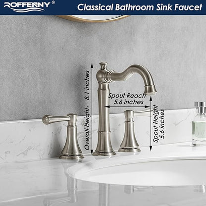 2-Handle Brushed Nickel Bathroom Faucet 8 inch Widespread for 3 Holes with Plastic Pop-Up Drain, Classic Bathroom/Lavatory/Vanity Sink Faucets, High Arc 360° Swivel Brass Spout