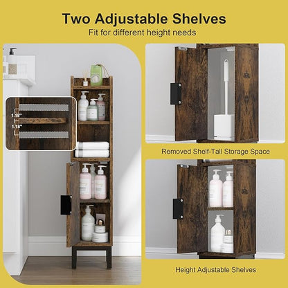 Small Bathroom Storage Cabinet, Corner Floor Narrow Toilet Paper Cabinet with Door and Shelves,Bathroom Organizer with Adjustable Shelf, for Small Spaces (Rustic Brown)
