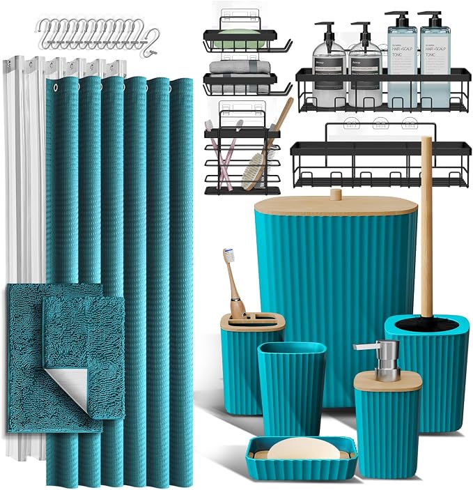 Clara Clark Bathroom Accessories Set - 27PC Bathroom Set with Adhesive Corner Shower Caddy Hanging, Bathroom Sets with Shower Curtain and Rugs, Teal Shower Curtain Set with Bathroom Trash Can | 27 Piece Bathroom Sets with Shower Curtain and Rugs with S...