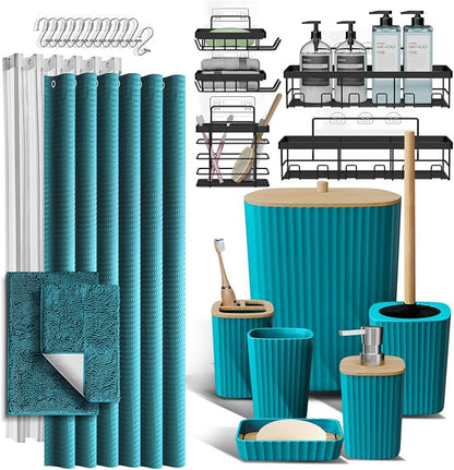 Clara Clark Bathroom Accessories Set - 27PC Bathroom Set with Adhesive Corner Shower Caddy Hanging, Bathroom Sets with Shower Curtain and Rugs, Teal Shower Curtain Set with Bathroom Trash Can | 27 Piece Bathroom Sets with Shower Curtain and Rugs with S...