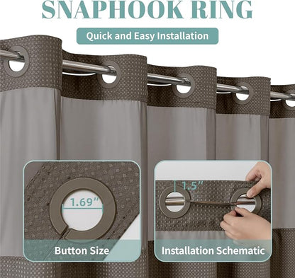 eachope No Hook Waffle Shower Curtain with Snap-in Liner, 71x80 Inch, Brown | 230 GSM waffle weave fabric, waterproof liner set with 2 bottom magnets, mesh top window, washable, for bathroom or hotel use