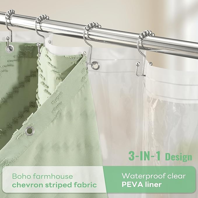 Dynamene Stall Shower Curtain and Liner Set - 48 inch Wide Boho Shower Curtain and Waterproof Clear Liner, Tufted Chevron Striped Tassel Shower Curtains for Bathroom, 8 Hooks, 48x72, Sage Green