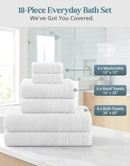 Casa Platino Bath Towel Set 100% Cotton 18 Piece Soft Absorbent - White | Bathroom Towels - Generously Sized, Oversized & Roomy, Lightweight & Breathable, Fade-Resistant Color, Classic Terry Weave