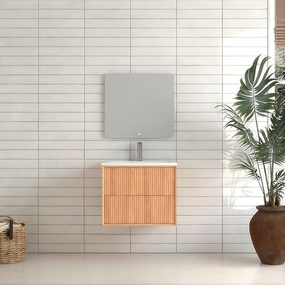Floating Bathroom Vanity with Sink, Nature Soild Wood Cabinet with Ceramic Basin, Extra Large Storage Drawer & Pre-Assembled Vanities for Bathroom, Powder Room (Nature B Style, 24")