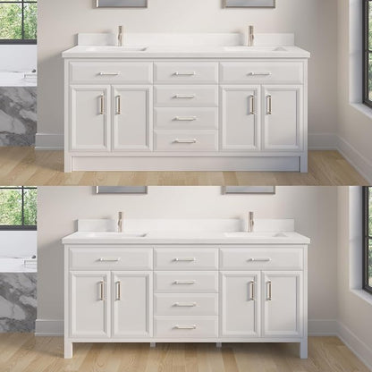 Capri III 72" Double Sink Bathroom Vanity With Stealth Organizer, Solid Wood Bathroom Cabinet with Engineered Stone Countertop & Backspalsh, Soft Closing Door & Drawer, Pre-Assembled, White