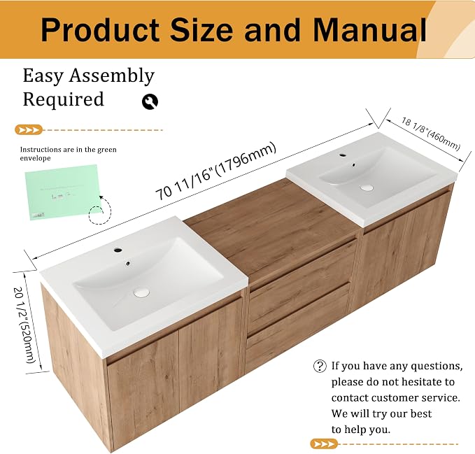 Malwee 72'' Floating Bathroom Vanity with Double Sink, Brown | Wall Mounted Double Sink Combo, Plywood Cabinet, Resin Basin, Ample Storage, Soft-close Hinge, Assembly Required